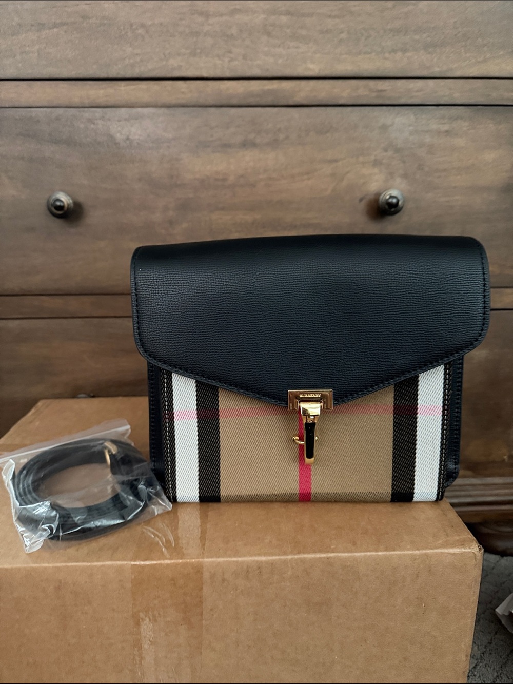 Inspired Black Leather & Classic Check Crossbody with Pink Stripe